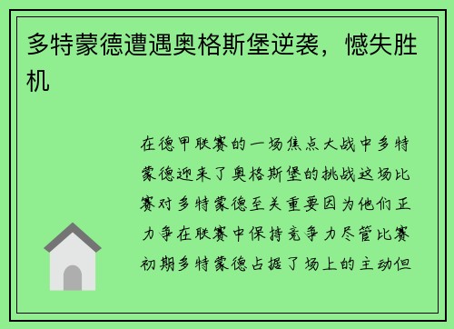 多特蒙德遭遇奥格斯堡逆袭，憾失胜机